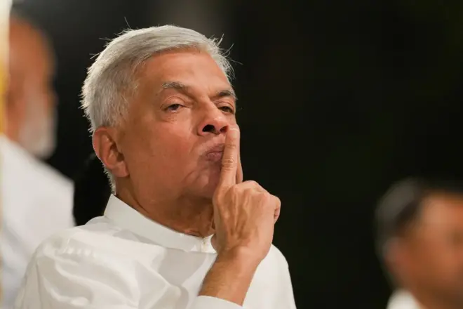 Former president of Sri Lanka, Ranil Wickremesinghe, attends the annual Nawam Buddhist procession in Colombo, Sri Lanka, on February 12, 2025.