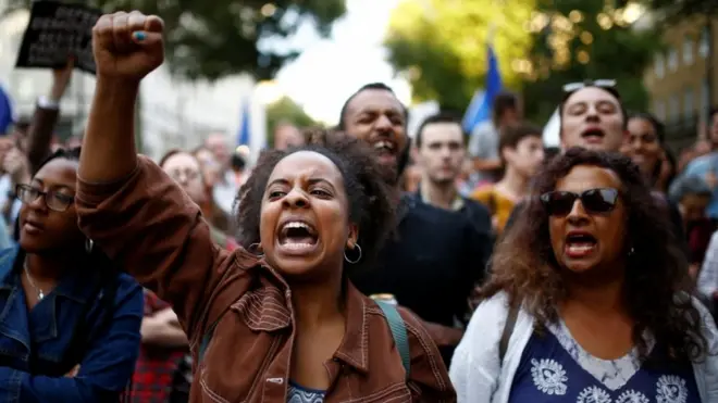 Protesters gathered on College Green in central London