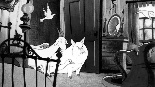 مشهد من فيلم الرسوم المتحركة "مزرعة الحيوانات" (1955)، المقتبس من رواية جورج أورويل التي تحمل الاسم نفسه، ويظهر فيه دخول الحيوانات إلى منزل المزرعة.