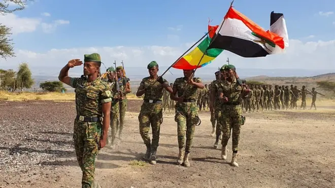 Members of the Oromia Special Police Force holding regional and national flags