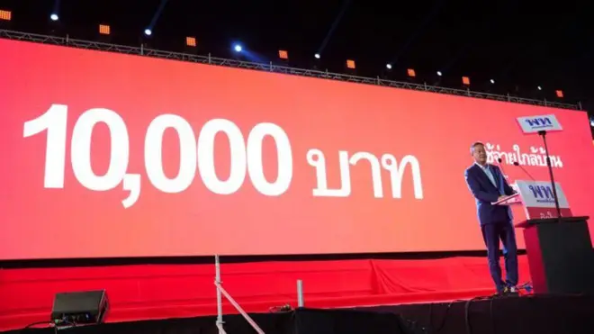 นายเศรษฐาประกาศนโยบาย “เงินดิจิทัล 10,000 บาท” ของพรรคเพื่อไทย เมื่อ 17 มี.ค. ก่อนการเลือกตั้ง และคาดว่าจะใช้งานบนโครงสร้างใหม่