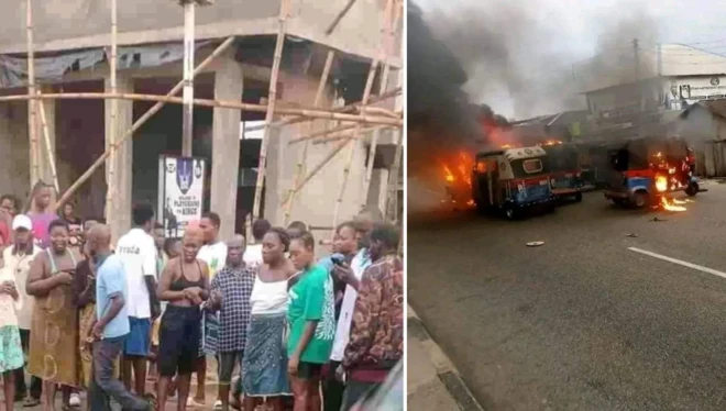 Collage foto of di burning keke and crowd wey gada for di scene