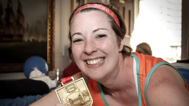 Bethan with her medal from the 2017 London Marathon. She took up running to help alleviate her anxiety