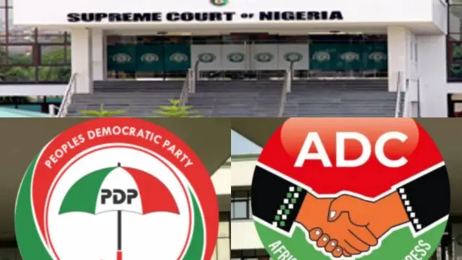 Ẹnu ọna ile ẹjọ to ga julọ ni Naijiria l'Abuja, ati ami ẹgbẹ oṣelu ADC ati PDP