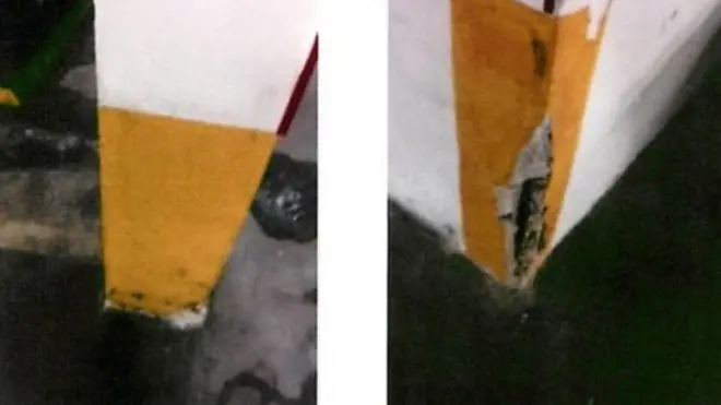 El informe de 2018 está acompañado de imágenes que muestran el deterioro de partes del edificio, como el de estas columnas del garaje.