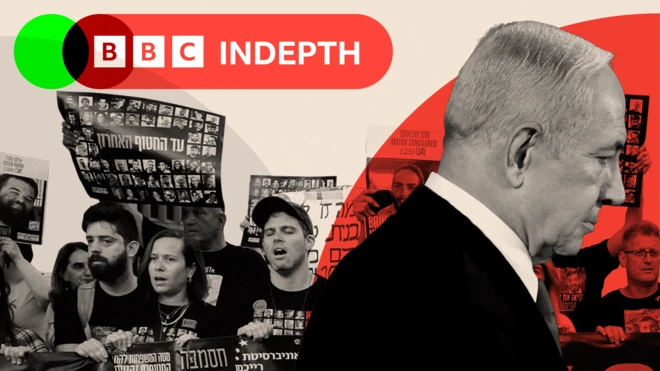 Two images: Benjamin Netanyahu on the right and on the left, relatives and supporters of Israeli hostages held captive hold their portraits during a protest in Tel Aviv