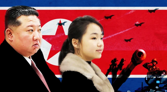كيم جونغ أون وابنته وفي الخلفية علم كوريا الشمالية وطائرات حربية وعلى اليمين جندي يقدم التحية العسكرية