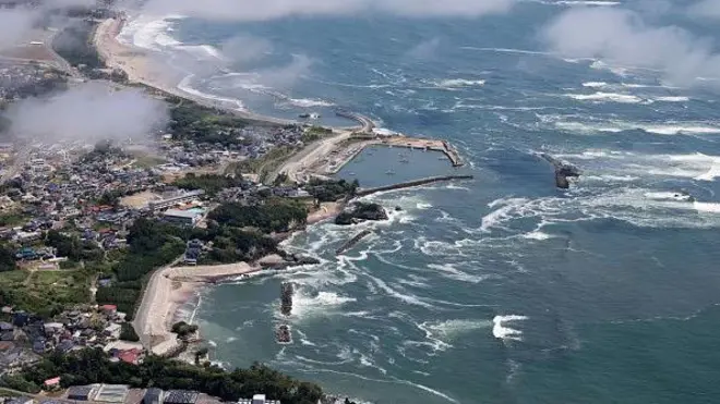 on July 30, 2025 in Shiogama, Miyagi, Japan. The first waves of the tsunami have arrived Japan's Pacific coast