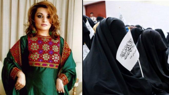À esq., ativista que iniciou campanha contra o Talebã; à dir. mulheres protestam em ato pró-Talebã