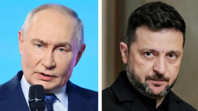 プーチン氏とゼレンスキー氏の近影が並べてある