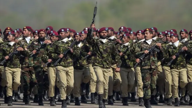 Pakistani troops from the Special Services Group (SSG) march during the Pakistan Day military parade in Islamabad on March 23, 2018.