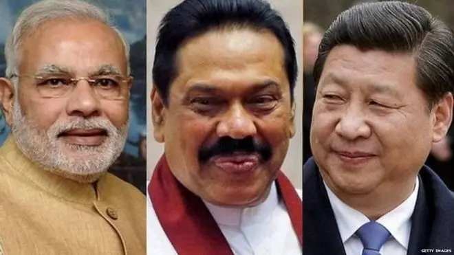 नरेंद्र मोदी, श्रीलंका के प्रधानमंत्री महिंदा राजपक्षे और चीन के राष्ट्रपति शी जिनपिंग