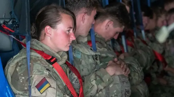Image shows UK military personnel onboard a A400M aircraft departing Kabul, Afghanistan on the 28 August 2021.