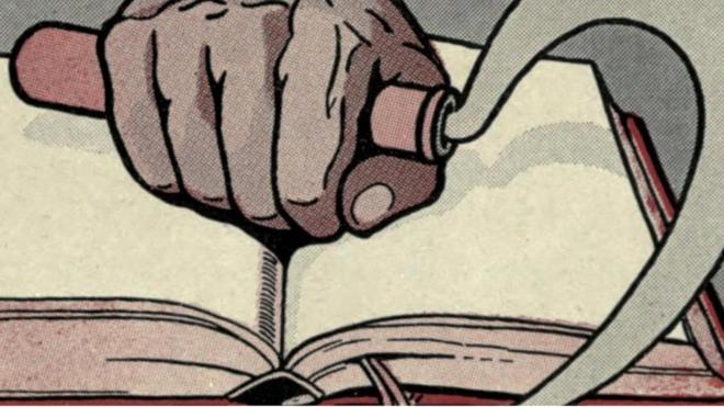 Una imagen de una mano con una hoz sobre un libro abierto, de un poster soviétco