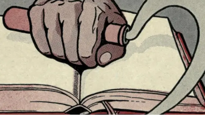 Una imagen de una mano con una hoz sobre un libro abierto, de un poster soviétco