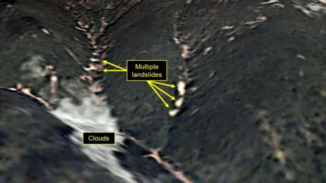 The pictures released by 38 North appear to show several landslides near the peak of Mount Mantap
