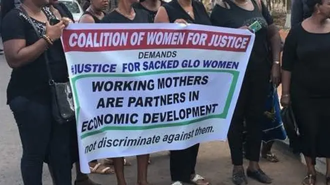 Ụmụnwaanyị na-eme ngagharị iwe maka Globacom chụrụ ụmụnwaanyị n'ọrụ