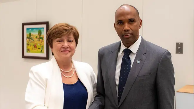 Ra'iisul wasaaraha Soomaaliya Xasan Cali Kheyre iyo Agaasimaha Maamulka Hay'adda Lacagta Adduunka ee IMF, Kristalina Georgieva
