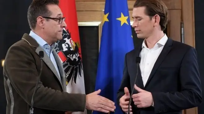 Sebastian Kurz (sağda) ve Avusturya Özgürlük Partisi'nin lideri Heinz-Christian Strache koalisyon için anlaştı.