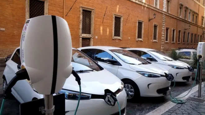 A picture shows electric cars 'Zoe' from French car maker Renault on March 2, 2016 in Rome.