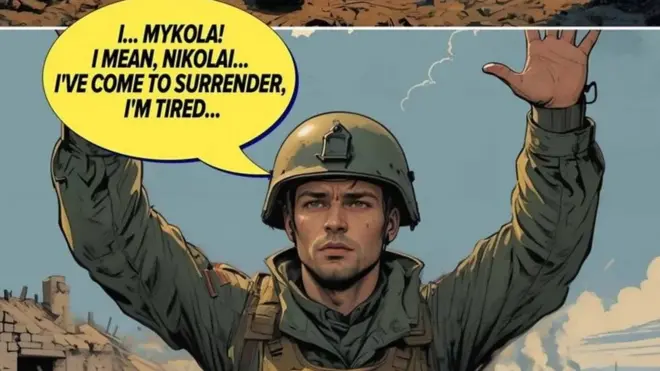 漫畫書中的一名烏克蘭士兵向俄軍投降並將自己的名字改為俄語版本。