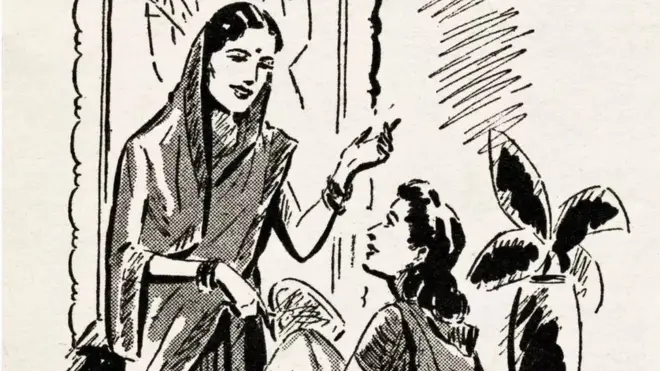 పియర్స్ సబ్బు ప్రకటనలో భారతీయ గృహినితో ముచ్చటిస్తున్న బ్రిటిష్ మహిళ