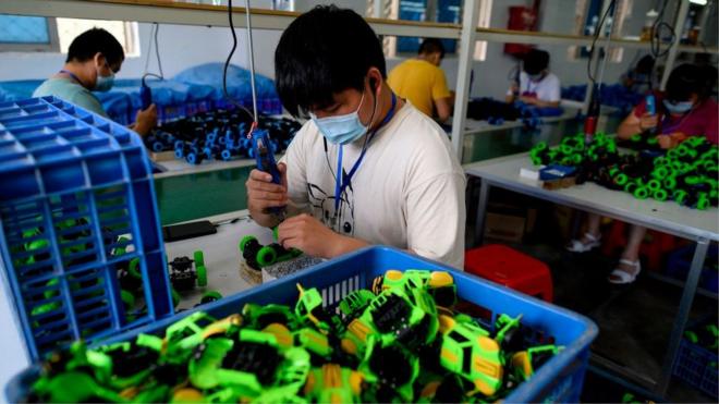 Workers assembling toys at the Mendiss toy factory in Shantou, in southern China's Guangdong province.