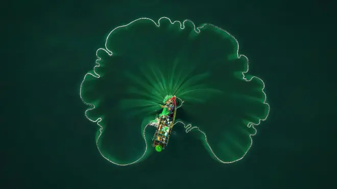 Pescadores en Vietnam con sus redes extendidas, que desde el aire parecen formar una gran hoja de loto