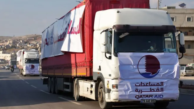 Автоколонна с гуманитарной помощью, предоставленной Катаром, пересекает пограничный переход Баб аль-Хава на границе с Турцией в контролируемой повстанцами северо-западной провинции Идлиб