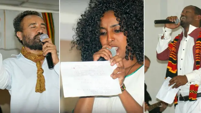 ከግራ ወደቀኝ ገጣሚያኑ ኤፍሬም ስዩም፣ምልዕቲ ኪሮስ እና ደምሰው መርሻ