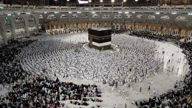 Muslims, who came to the holy lands from all over the world, perform night prayer as they continue their worship to fulfill the Hajj pilgrimage in Mecca, Saudi Arabia on July 01, 2022.