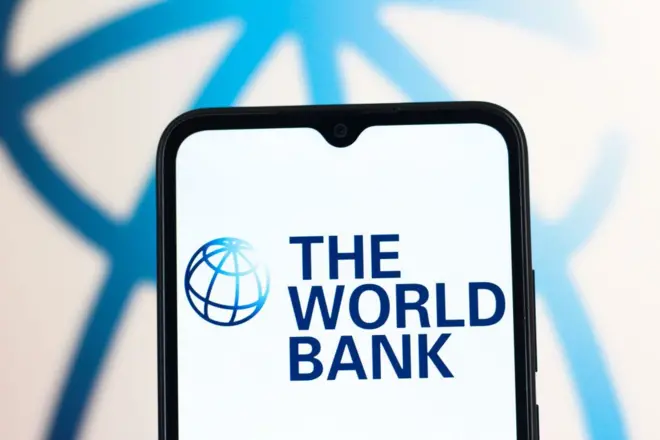 In this photo illustration, the World Bank logo is seen...