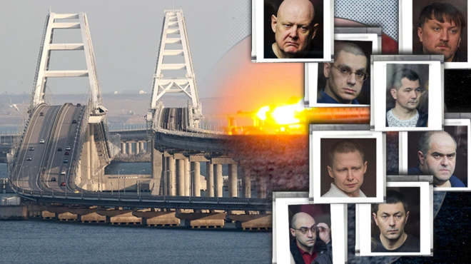 Слева фото горящего Крымского моста, справа портреты обвиняемых