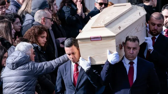 Pallbearers carry the coffin of 16-year-old Riccardo Minghetti, who died at the "Le Constellation" bar in Crans-Montana, Switzerland during a New Year's Eve party, during his funeral at the Basilica of Saints Peter and Paul in Rome, Italy, January 7, 2026.