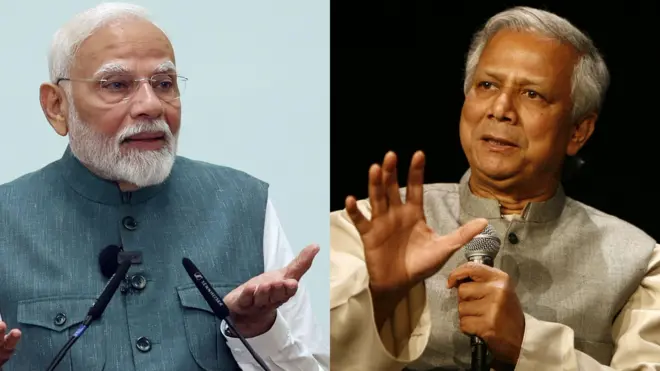 भारत के प्रधानमंत्री नरेंद्र मोदी (बाएं) और मोहम्मद यूनुस
