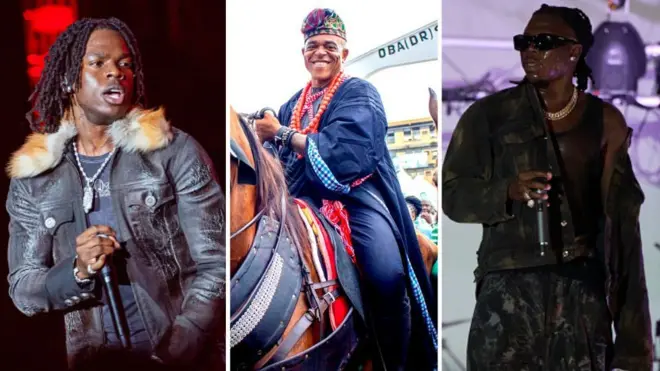 Picture collage of Rema, Farooq and Stonebwoy