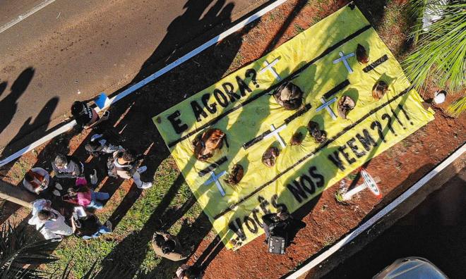 Visão aérea do protesto que ocorreu em frente ao DNIT de Campo Grande, no Mato Grosso do Sul