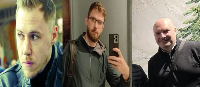 Montagem com fotos de Sergey Cherkasov, Artem Shmryev e Mikahil Mikushin lado a lado