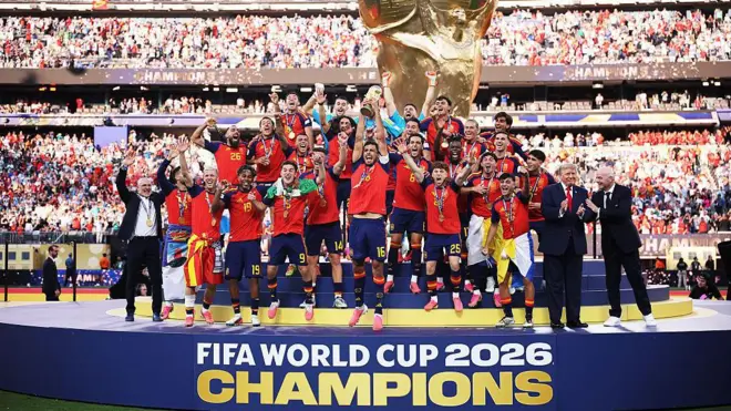 Rodri #16 of Spain lifts the FIFA World Cup Winner’s Trophy after the team’s victory following during the FIFA World Cup 2026 Final match between Spain and Argentina at New York New Jersey Stadium on July 19, 2026 in East Rutherford, New Jersey.