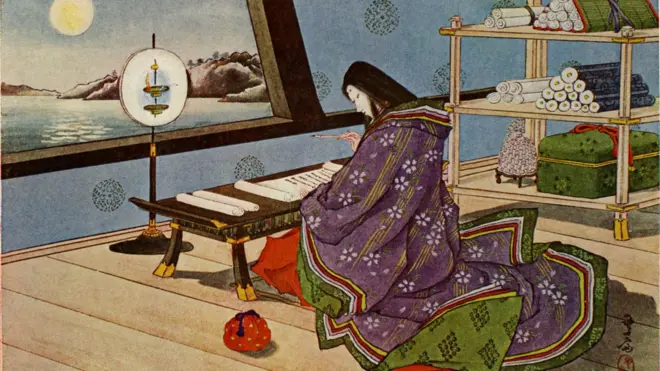 Murasaki Shikibu escribiendo la Historia de Genji en el templo de Ishiyama.