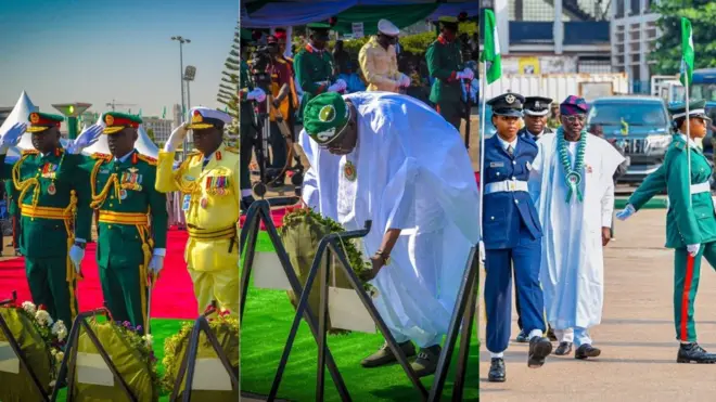 Aworan Aarẹ Tinubu, awọn ọgagun lorilẹede NAijiria ati gomina Sanwo-Olu lasiko ayajọ awọn akọni to ṣubu loju ija ni ilu Abuja ati ipinlẹ Eko