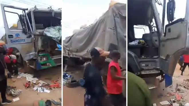 Collage of di truck wey carry di men wey local vigilante for Edo state kill and set ablaze