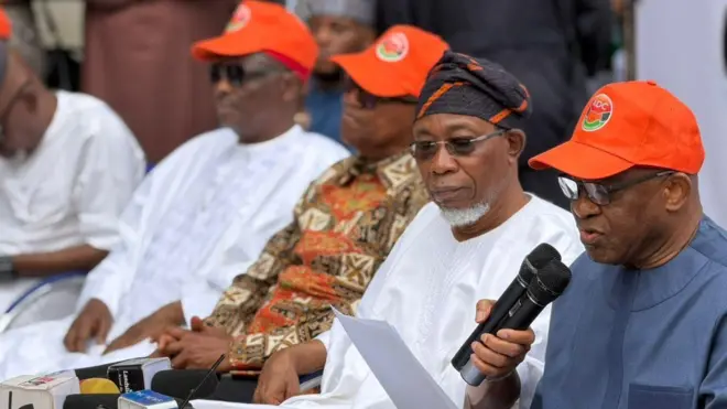 Leaders of Nigeria coalition opposition party di African Democratic Congress (ADC) L-R: Rabiu Musa Kwankwaso, Peter Obi, Rauf Aregbesola, David Mark