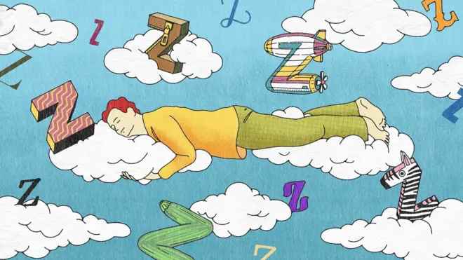 Harfler ve bulutların üzerine uyuyan bir adam illustrasyonu. 