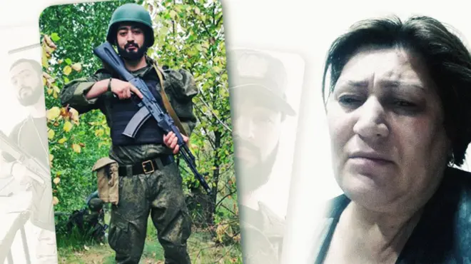 Справа на фото мать азербайджанского парня, изображенного слева с автоматом в руках. Парень пропал без вести на войне в Украине, вскоре после подписания контракта с Министерством обороны РФ