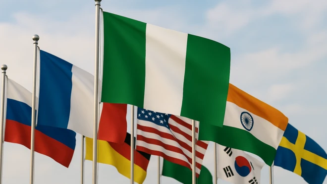 Foto of di Nigerian flag along wit di flags of oda kontris 