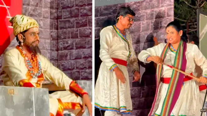 'शिवाजी अंडरग्राउंड इन भीमनगर मोहल्ला' या नाटकाच्या प्रयोगादरम्यानचा एक क्षण.