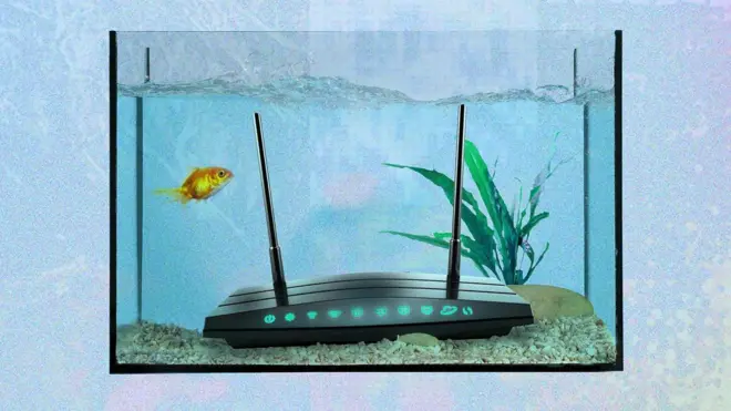 Una imagen compuesta en la que se ve un router en una pecera, con un pececito dorado nadando.