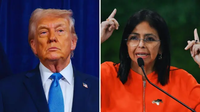 Collage image of President Donald Trump wit blue suit and light blue tie, and Venezuela vice president Delcy Rodriguez