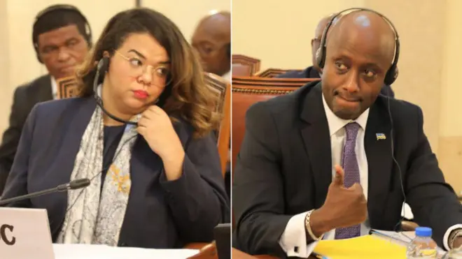 Ifoto ifatanyije ya Minisitiri w'ububanyi n'amahanga wa DR Congo Thérèse Kayikwamba (ibumoso) na Minisitiri w'ububanyi n'amahanga w'u Rwanda Olivier Nduhungirehe, bari mu biganiro, bambaye ibyumvisho mu matwi bituma bumva ibisemuwe. Ifoto yo ku wa mbere, ku itariki ya 25 Ugushyingo (11) mu mwaka wa 2024